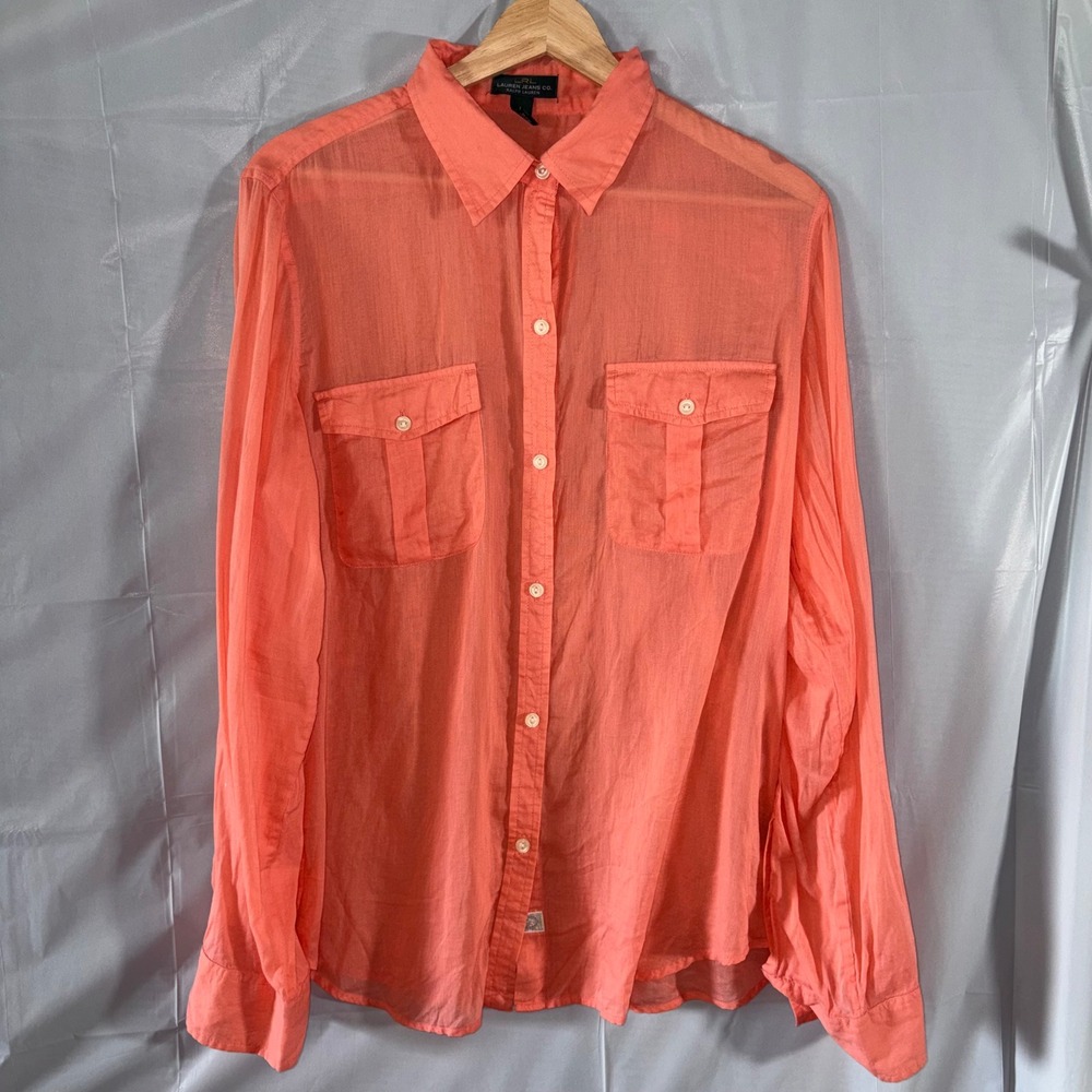 Lauren Ralph Lauren Cotton Button Down Shirt Large Coral Orange Long Sleeve